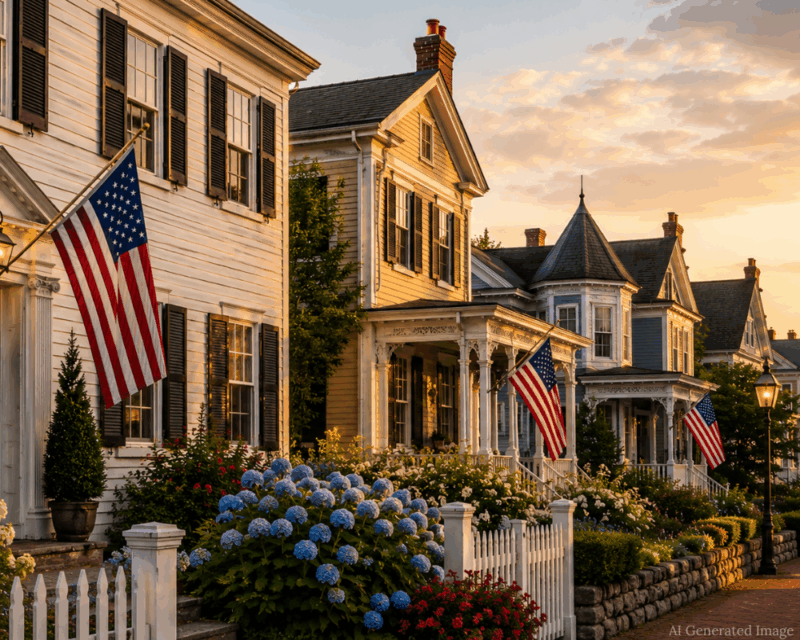 Row of New England houses at sunset with American flags