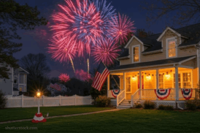 Firework display above house with farmer's porch